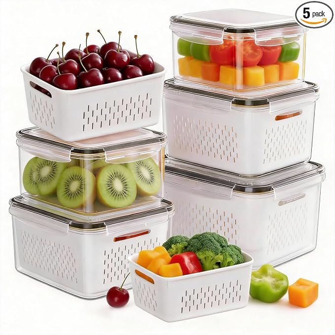 HOMETALL 5 Pack Fruit Storage Containers for Fridge Set, Fruit Washing Bowl with Strainer, Reusable Fridge Organizers and Storage for Berry Salad Lettuce, Size 4.5, 3.4, 1.8, 0.9, 0.4QT