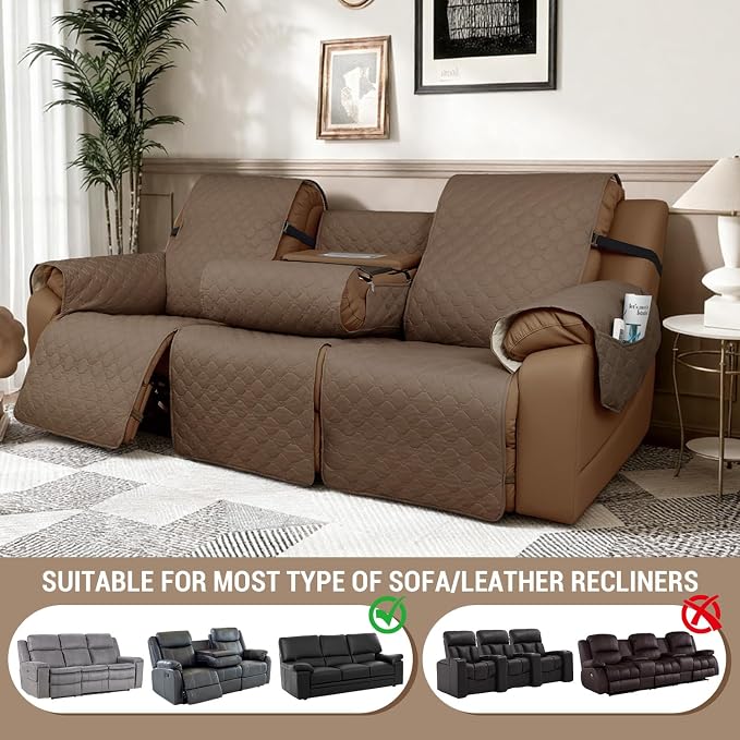 Waterproof Recliner Sofa Covers with Flipped Middle Backrest Washable Recliner Couch Covers Non-Slip with Elastic Straps Furniture Protector for Kid Dogs Pets (Gray Taupe)
