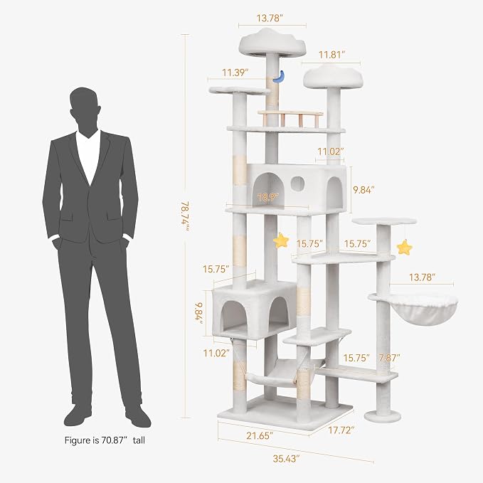 Meecal 79in Tall Cat Tower for Heavy Duty Big Cats, Large Cat Tree with Scratching Post, Plush Perches, Cozy Cat Condos & Hanging Hammocks for Maine Coon, White