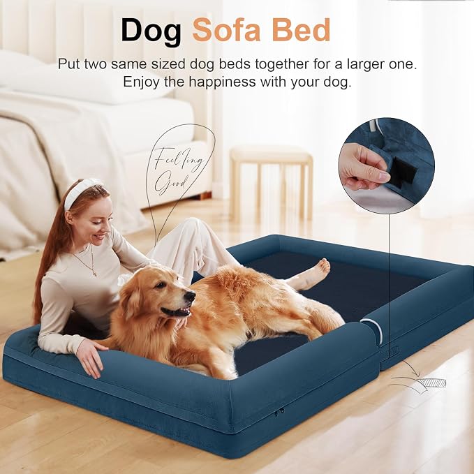 Large Dog Bed Orthopedic Washable: Beds Bolster XL Bed Big XLarge Dogs Memory Foam Sofa Couch Waterproof Removable Cover - Navy Blue