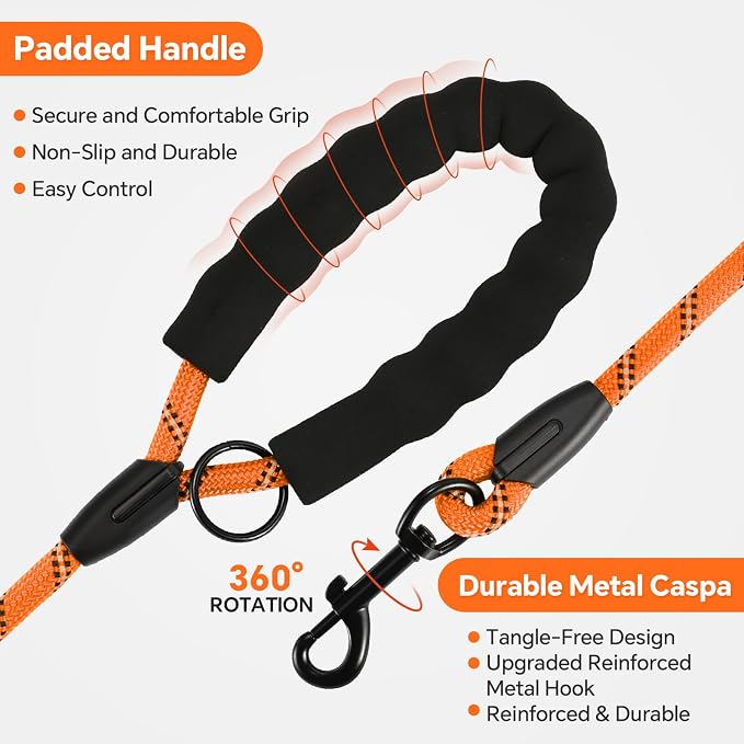 Heavy Duty Dog Leash - 4.9 FT for Large and Small Dogs - Strong Nylon, Comfortable Handle, Reflective Stitching - Ideal for Walking, Training, and Outdoor Activities, Orange