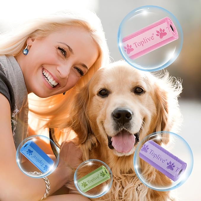 Toplive Dog Poop Bags Rolls, Pet Waste Bags, Extra Thick Strong Leak-Proof Dog Bag for Poop 8 Rolls (120 Bags), Assorted Colors with Cute Prints