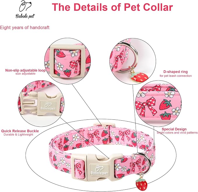 Strawberry Bow Dog Collar for Puppy Small Dogs - Cute Pink Spring/Summer Girl Dog Collars, Lightweight Adjustable Female Girly Dogs Collars with Quick Release Buckle XS