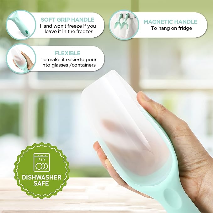 Spring Chef Magnetic Ice Scoop for Freezer - Multifunctional BPA-Free Flexi-Plastic Scoops for Dry Goods with Comfortable Handle - Scoopers for Food, Ice Machine, Flour, Popcorn - Set of 2 - Mint