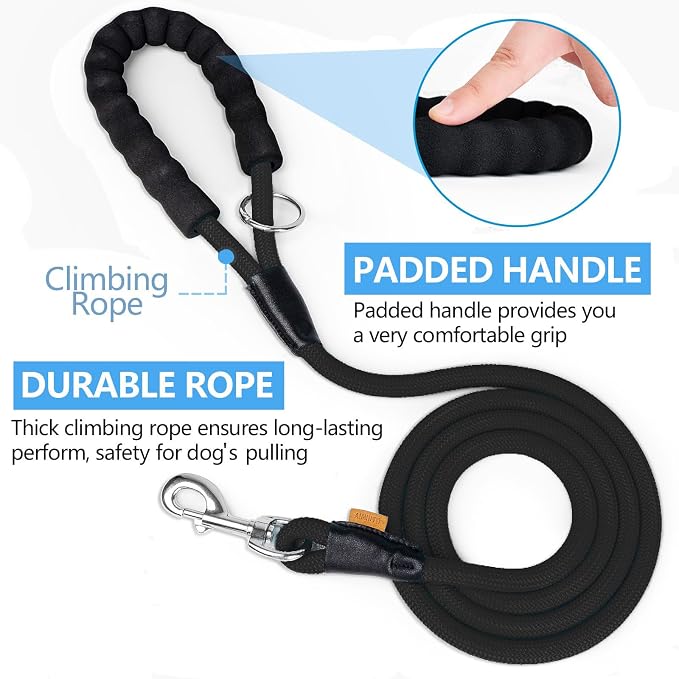 Dog Leash, Braided Rope Traction – Walking Training Lead for Medium/Large Dogs ((1/2") x 6FT, Black)
