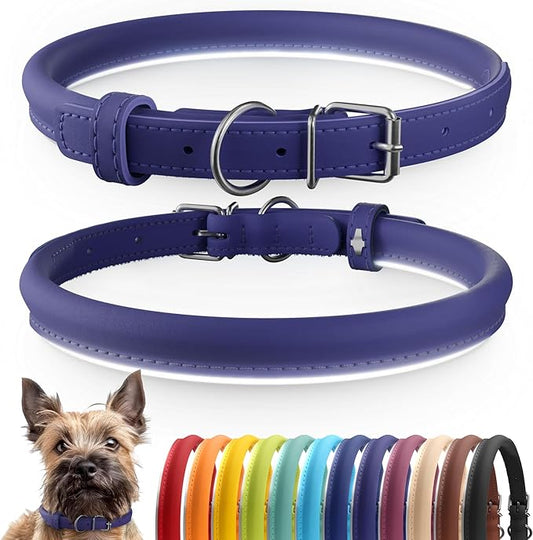 CollarDirect Reflective Rolled Leather Dog Collar, Soft Padded Round Puppy Collar, Handmade Genuine Leather Collar Dog Small Large Cat Collars 13 Colors (8-11 Inch, Purple Reflective)