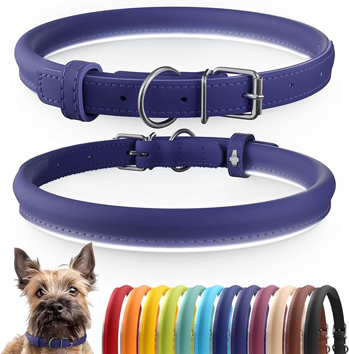 CollarDirect Reflective Rolled Leather Dog Collar, Soft Padded Round Puppy Collar, Handmade Genuine Leather Collar Dog Small Large Cat Collars 13 Colors (6-7 Inch, Purple Reflective)