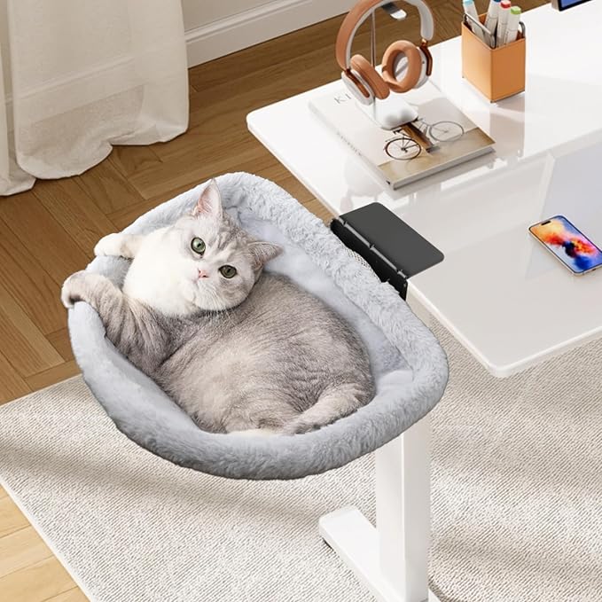 Stable Cat Desk Bed with Heavy-Duty Clamp | Sunken Hammock Design & Faux Rabbit Fur for Comfort, Removable & Washable Bed, Holds Up to 40lbs, Space Saving Cat Perch for Home Office