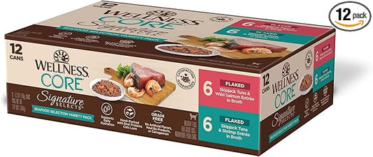 Wellness CORE Signature Selects Variety Pack Adult Canned Wet Cat Food, Natural, Protein Rich, Grain Free, Seafood Recipes, 5.3 oz, Pack of 12 Cans