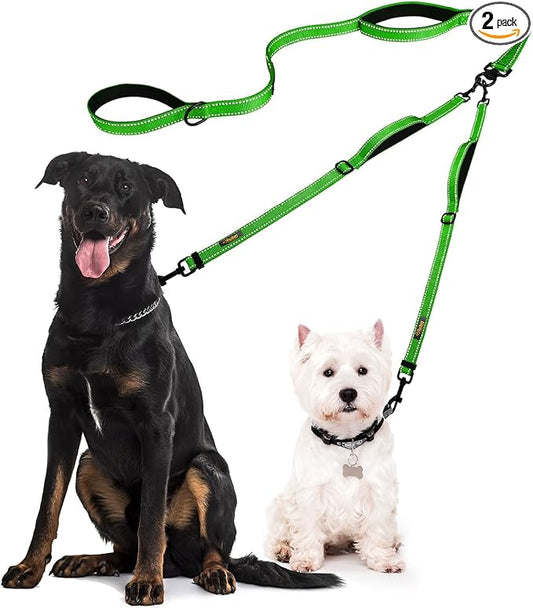 Dog Leash – Dual Reflective with Non-Tangle Design – Heavy Duty Nylon and Metal Buckles – Ideal (Green, 2 Dog Leash with Handle)