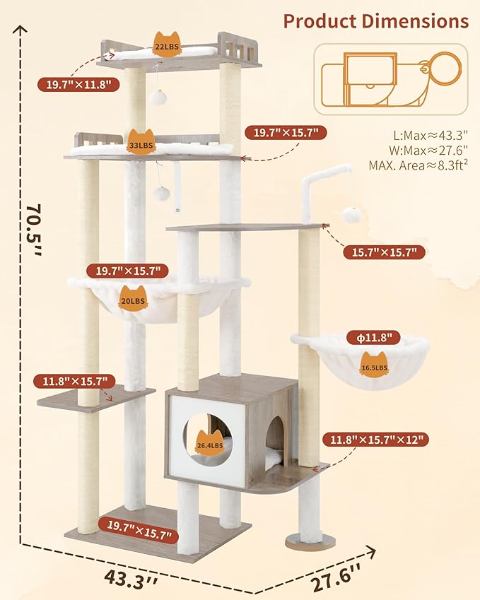 Heybly Cat Tree, 70.5 Inch Wood Tall Cat Tower for Large Indoor Cats with Extra Stable Structure, Modern Cat Furniture with All-Sisal Scratching Posts, Cat Condo & Hammocks, Greige HCT121SG