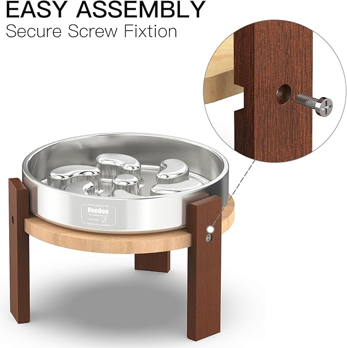 Elevated Dog Bowl Stand, 6'' Height Raised Stand for Medium Dogs, Includes 2Cups Stainless Steel Slow Feeder Dog Bowl, Durable Solid Hardwood