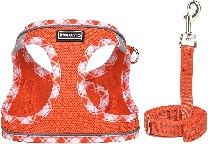 Mercano Soft Mesh Dog Harness and Leash Set, Step-in Reflective Breathable Lightweight Vest Harnesses with Safety Buckle for Small Dogs, Cats (Tangerine, S)