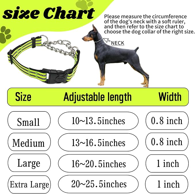 Martingale Dog Collars, Reflective Nylon Collar with Stainless Steel Chain, Adjustable Walking Training Dog Collars with Quick Release Buckle, Suitable for Small Medium Large Dogs(Green,L)