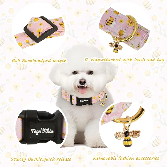 Dog Collar with Bees & Flowers Pattern, Spring Summer Collection Pink Dog Collar with Exquisite Pendant, Durable Adjustable Collars for Gifts & Daily Use-M