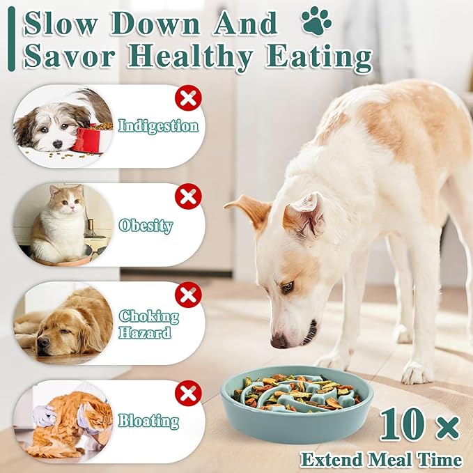 Ceramic Slow Feeder Dog Bowls, 1.5 Cups Dog Food Dish for Medium and Large Breed, Puzzle Dog Food Bowl for Fast Eater, 28OZ, 8.15 inch(Light Green)