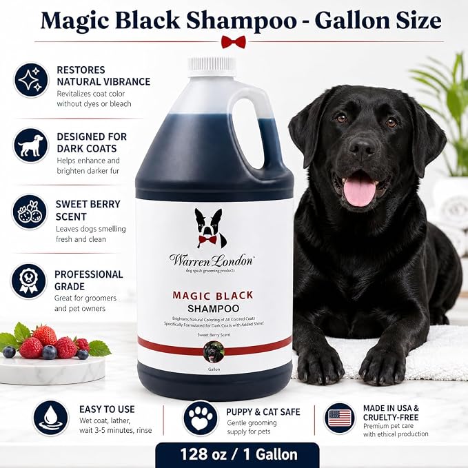 Warren London Magic Black Dog Shampoo | Brightens Any Dog Coat | Formulated for Darker Dog Coats | Puppy and Cat Safe Grooming Supplies | Berry Scent 128 Ounce, Made in USA