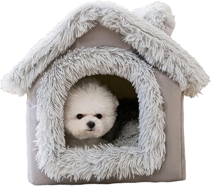 Enclosed Dog Bed, Soft and Warm Plush Dog Bed with Cover Cave Removable and Washable House Type Tent Huts for Indoor Pets M 15.8x13.8x15 Enclosed