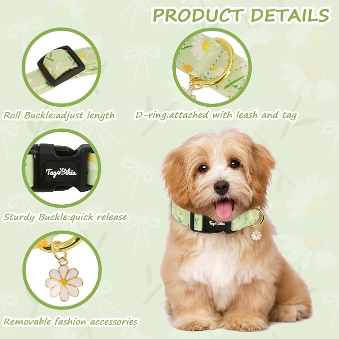 Dog Collar with Daisy Patterns, Spring Summer Collection Green Dog Collar with Exquisite Pendant, Durable Adjustable Collars for Gifts & Daily Use-L