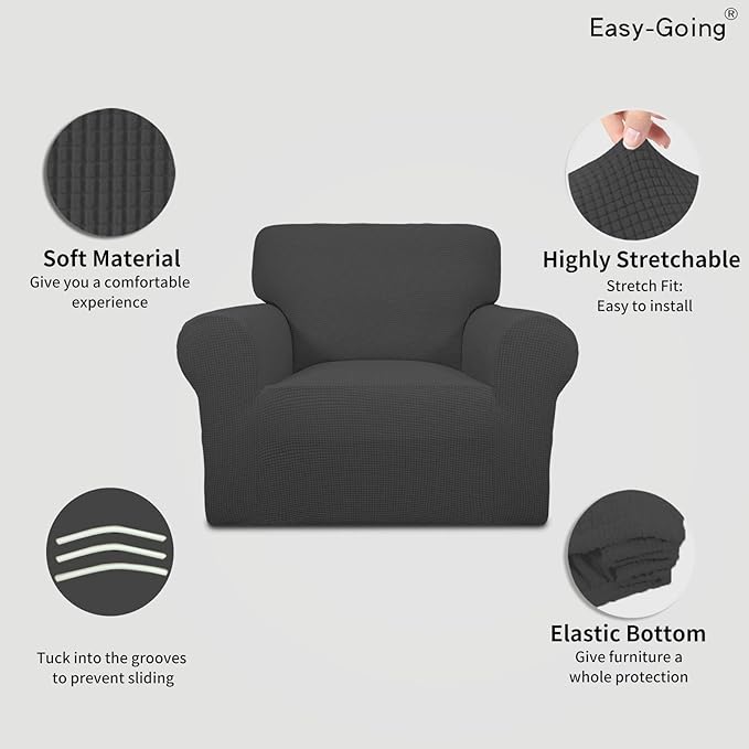 Easy-Going Stretch Chair Sofa Slipcover Washable Dark Gray | 1-Piece Couch Sofa Cover Furniture Protector for Living Room Soft with Elastic Bottom For Kids, Pet. Spandex Jacquard Fabric