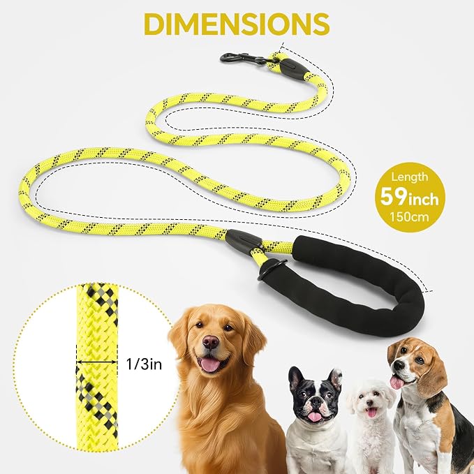 Heavy Duty Dog Leash - 4.9 FT for Large and Small Dogs - Strong Nylon, Comfortable Handle, Reflective Stitching - Ideal for Walking, Training, and Outdoor Activities, Yellow