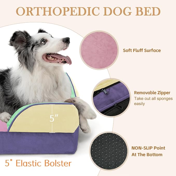 Comfort Expression Orthopedic Dog Bed for Extra Large Dogs 42x30 Inch, Waterproof Egg Crate Foam XL Pet Bed with Bolsters, Dog Couch with Washable Cover & Non-Slip Bottom, Frosted Grape