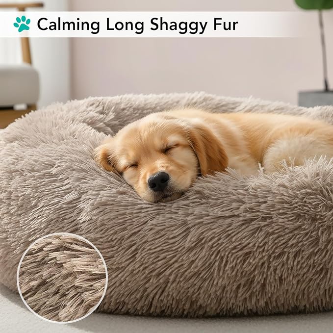 PetAmi Calming Dog Bed for Small & Medium Dogs, Cats & Puppy, Warming Round Donut Cuddler Bed, Anti-Anxiety Fluffy Shaggy Faux Fur Pet Bed, Machine Washable, Non-Slip Bottom, 23 Inch - Taupe