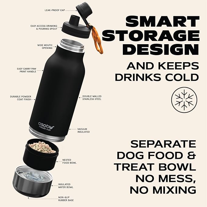 asobu Dog Barky Bottle – Insulated Stainless Steel Water Bottle with 2 Removable Dog Bowls for Food, Treats & Water – Pet-Friendly Travel Bottle for Hiking, Road Trips & Outdoor Adventures