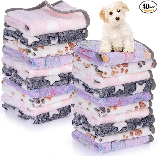 Chumia 40 Pcs Dog Blankets Soft Fluffy Fleece Washable Puppy Sleep Blankets Small Mat for Pets Throw Warm Bed Mat for Dog Puppy Cat (Grey,Heart,Star,Paw,Bone)