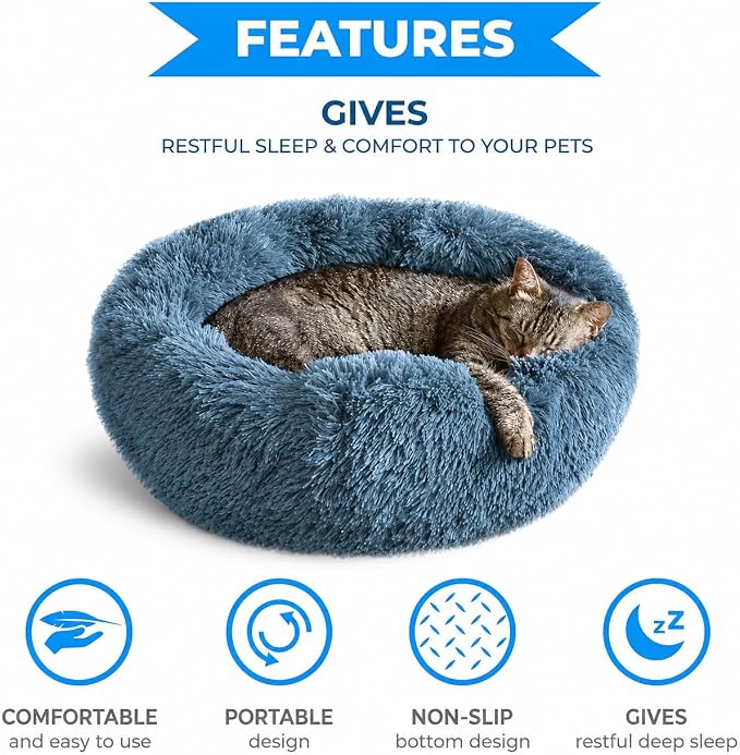 Whiskers & Friends Cat Beds for Indoor Cats, Fluffy Calming Donut Cat Bed, Small Dog Bed Washable - Orthopedic Soft Plush Pet Beds Sized for Kitten to Large Cats & Puppy to Small Dogs - Navy Grey 23''