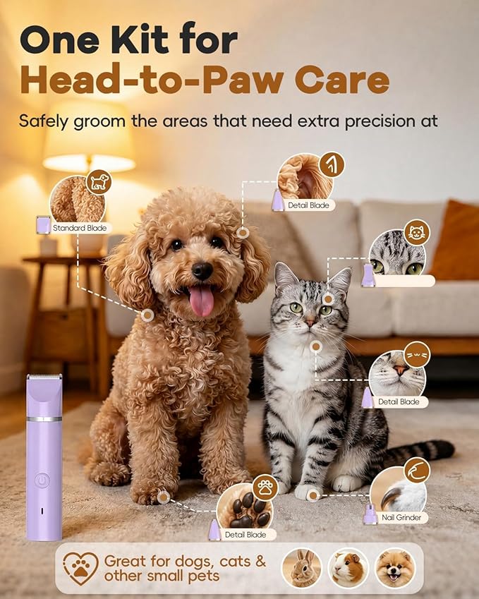 Veeconn Dog Grooming Clippers Kit-Electric Rechargeable Cat Trimmer Tools-Cordless Quiet Pet Nail Paw Grinder-4 in 1 Multifunctional Low Noise Shaver-Razor for feet Face Ears Toenail Eye