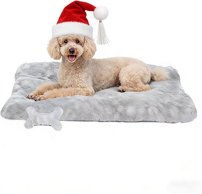 Washable Dog Bed for Small to Large Dogs, Calming Anti Anxiety Medium Dog Bed, Deluxe Plush Faux Fur Crate Beds, Comfy Fluffy Kennel Pad Pet Sleeping Mat with Non-Slip Bottom, 41"x27", Gray