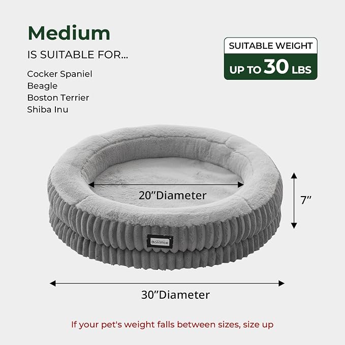 BALANCE Donut Dog Bed, 30 Inches Round Dog Bed Medium Size Dogs Washable, Orthopedic Calming Dogs Beds for Pets, Fluffy Plush Faux Fur Pet Bed with Anti-Slip Bottom