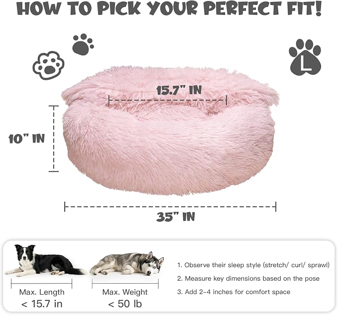 Himax Dog Beds for Large Dogs, Comfort Dogs Bed with Blanket Attached, Calming Anti-Anxiety Fluffy Dog Bed Washable (20"/26"/35") Pink