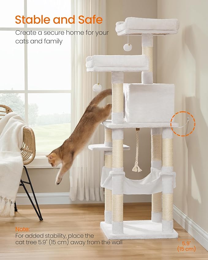 Feandrea Cat Tree, 55.8-Inch Cat Tower, Multi-Level Plush Condo with 11 Scratching Posts, 2 Perches, Hammock, Cave, Light Warm White UPCT015W02