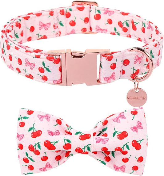 Spring and Summer Dog Collar with Bow Tie, Spring Cherry Bowtie Collar for Girl Boy Dog with Metal Buckle, Pink Bow Collar for Dogs, S