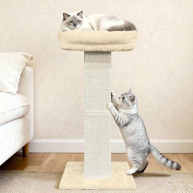 Cat Scratching Post, 32”Cat Scratcher with Large Plush Perch, Sisal & Carpet Scratching Post, Vertical Posts with Elevated Bed for Indoor Cats, Removable& Washable Cover, Beige