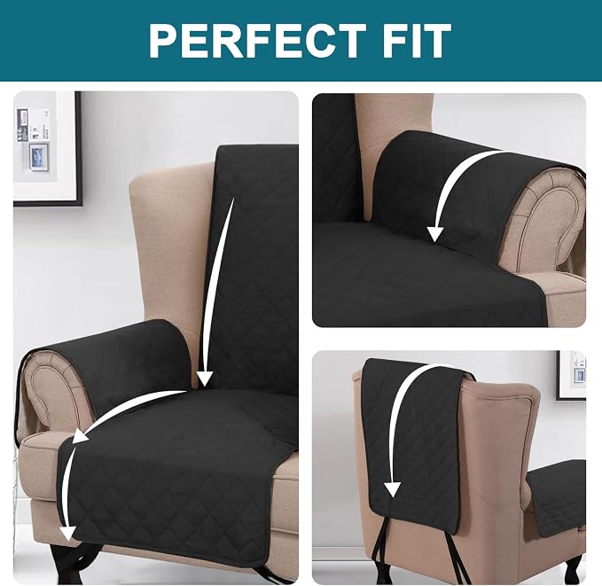 Turquoize 100% Waterproof Wing Chair Cover Wing Armchair Slipcovers Chair Couch Protector Triple Non-Slip Sofa Slipcover for Wing Chair Furniture Protector for Pets, Kids,Dog (Wing Chair, Black)