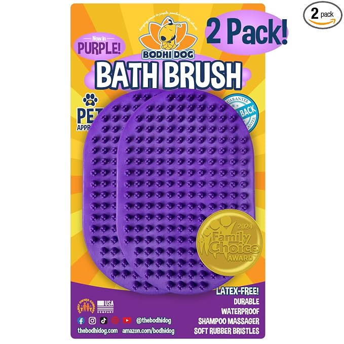 Bodhi Dog Shampoo Brush - Pet Grooming & Bath Supplies for Dogs and Cats - Bath Brush for Long & Short Hair - Premium Scrubber for Shower, Bathing & Massage (Two Pack, Purple)