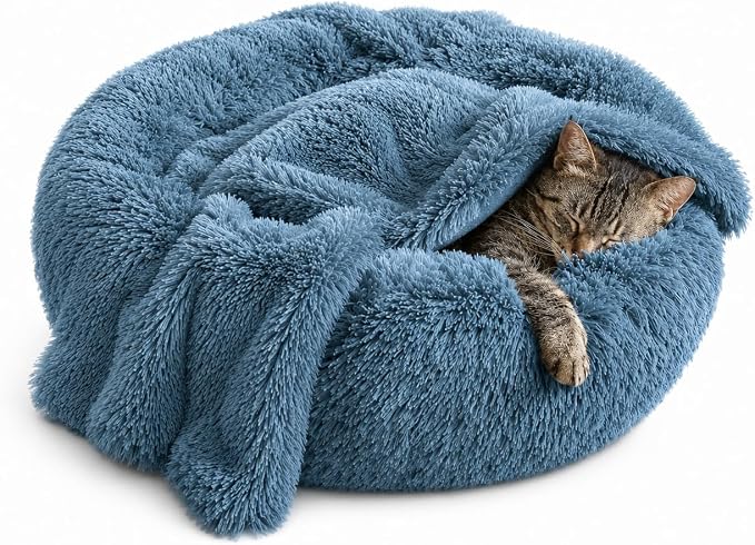 Whiskers & Friends Cat Beds for Indoor Cats, Fluffy Calming Donut Cat Bed, Small Dog Bed Washable - Orthopedic Soft Plush Pet Beds Sized for Kitten to Large Cats & Puppy to Small Dogs - Navy Grey C