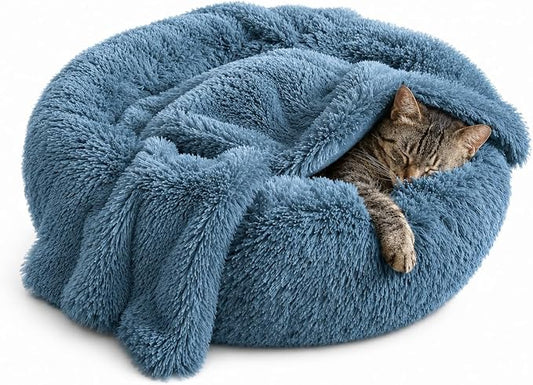 Whiskers & Friends Cat Beds for Indoor Cats, Fluffy Calming Donut Cat Bed, Small Dog Bed Washable - Orthopedic Soft Plush Pet Beds Sized for Kitten to Large Cats & Puppy to Small Dogs - Navy Grey C