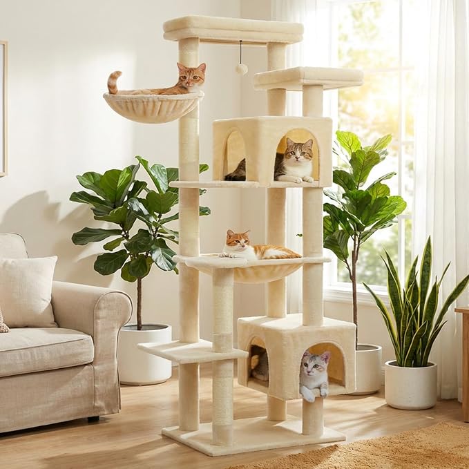 69” Tall Cat Tree for Indoor Cats Large Adult, Multi-Level Cat Tower with Scratching Post, Dual Top Perches, Big Hammock & 2 Spacious Condos, Cat Furniture for Multi-Cat Households, Beige