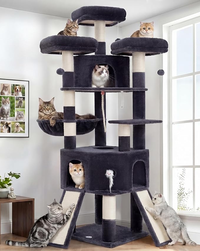 Cat Tree, 81.1-Inch Tall Heavy Duty Cat Tower with Diamond-Shaped Condo for Large Cats, Cat Furniture with 3 Wide Platforms, 2 Sisal Scratchers, Hammock & Stable Base, Smoky Gray VCT032G