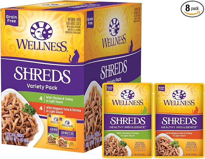 Wellness Healthy Indulgence Shreds Variety Pack Adult Wet Cat Food, Natural, Protein Rich, Grain Free, 2 Flavors, 3 oz, Pack of 8 Pouches