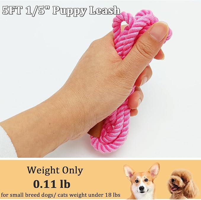 5FT Puppy Leash for Small Dogs, 1/5" Cotton Braided Rope Leash, Lightweight & Soft Pink Dog Leads for Tiny Breeds/Cats Daily Walks Training