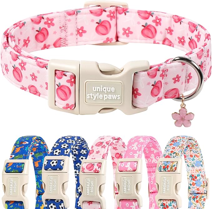 Unique style paws Dog Collar Plastic Buckle with Pendant Puppy Collar for Spring Summer Pink Peach Flower for Small Medium Large Boys Girls Dogs