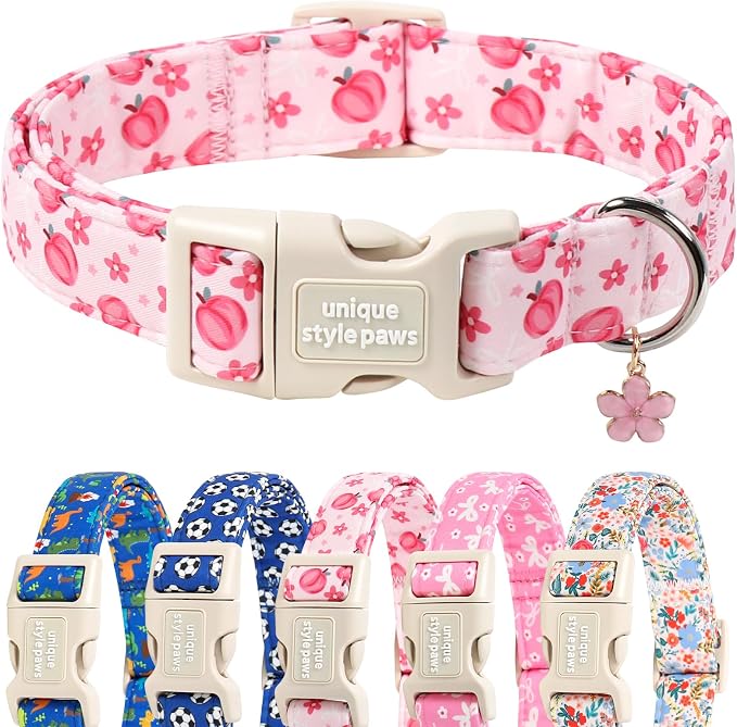 Unique style paws Dog Collar Plastic Buckle with Pendant Puppy Collar for Spring Summer Pink Peach Flower for Small Medium Large Boys Girls Dogs