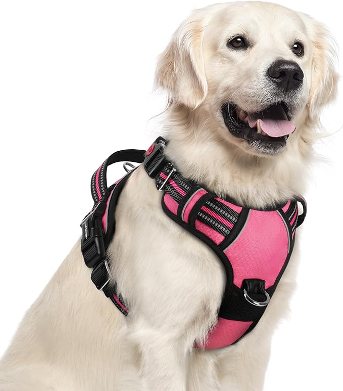 rabbitgoo Dog Harness for Large Dogs, 3 Buckles Easy On & Off No Pull Pet Vest, Soft Padded Walking Pet Harness with Control Handle, Adjustable and Reflective, Pink, XL