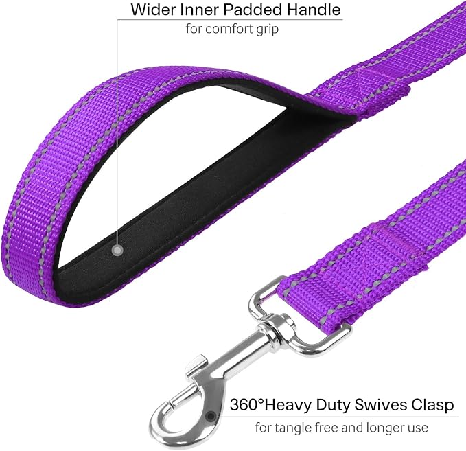FunTags 6FT Purple Reflective Dog Leash for Medium & Small Dogs Walking, Soft Padded Handle Comfortable Grip, Heavy Duty Nylon, Reflective for Night Walking, 3/4in Wide