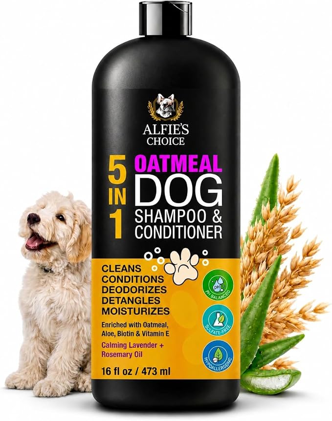 Oatmeal Dog Shampoo and Conditioner for Itchy Skin Relief | Puppy Shampoo for Sensitive Skin 5-in-1 | Cleans, Deodorizes & Detangles | Dog Wash for All Breeds | 16 fl oz | ALFIE'S CHOICE